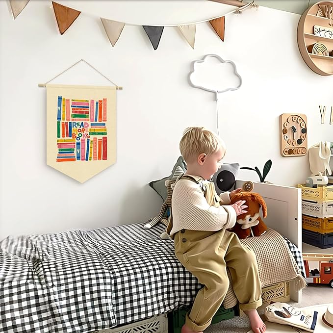 Reading Corner Decor for Classroom, Read More Books Wall Hanging Sign Flag, Reading Room Wall Decor for kids, Read Sign Nursery Wall Art Canvas Hanging Pennant Flag Banner 15x11in