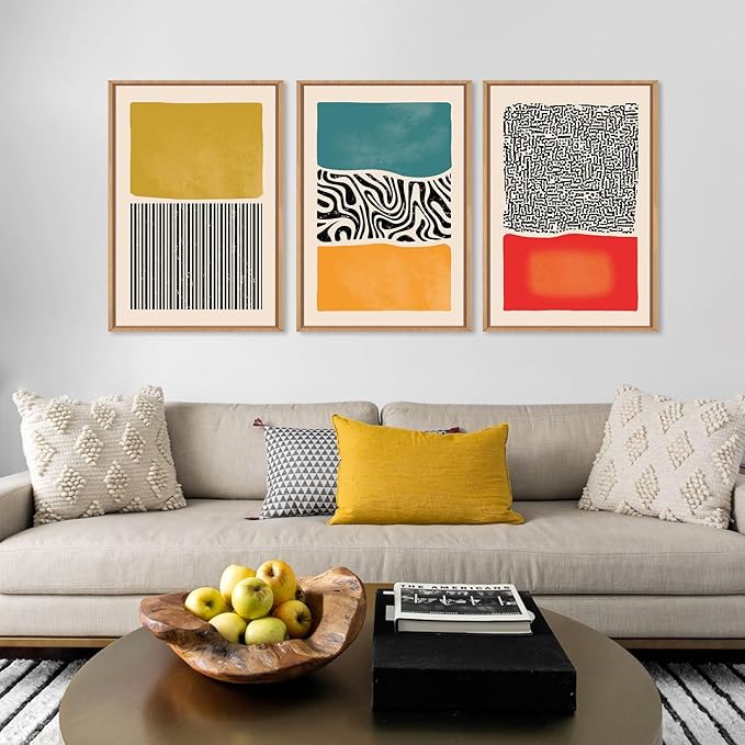 HLNIUC Large Mid Century Modern Wall Art Framed 24x36, Boho Abstract 3 Piece Canvas Decor, Mcm Vintage Bohemian Color Block Painting, Geometric Line Art Print for Living Room, Bedroom, Office