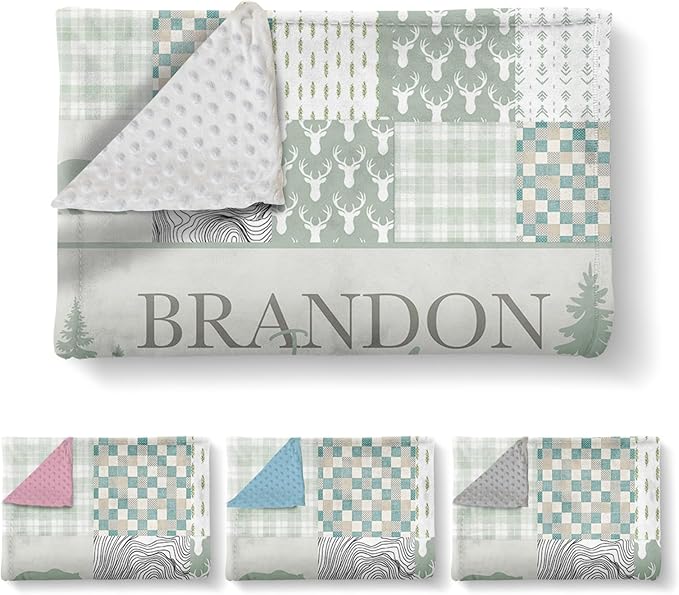 Personalized Rustic Woodland Baby Blanket - Custom Name Bear & Deer Design, Soft Blanket with Double Layer Dotted Backing for Infants Toddlers, Ideal Nursery Decor (60" x80)