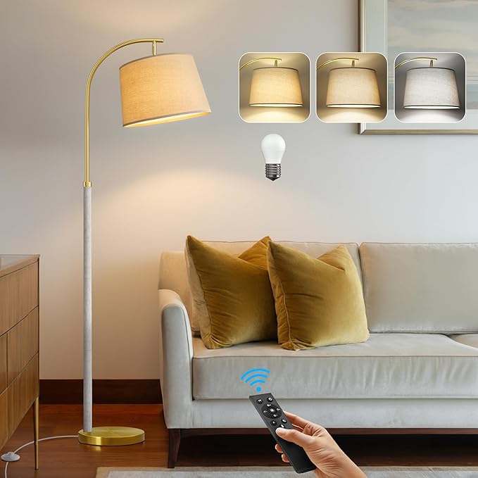 63" Wood Floor Lamp for Living Room Dimmable Standing Lamp with Remote & Foot Switch, 3 Color Temperatures Tall Lamp Mid Century Modern Floor Lamp for Bedroom Office, 9W Bulb Included, White