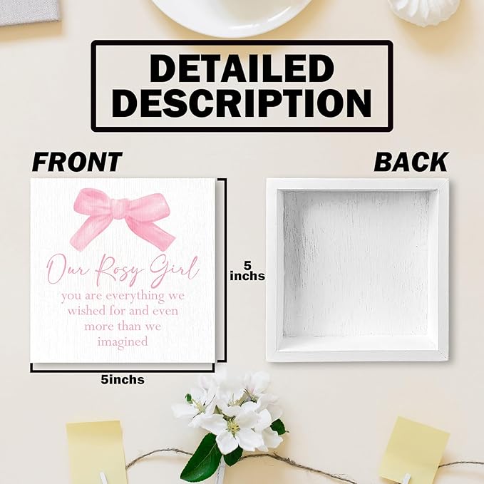 Coquette Bow Our Girl Nursery Wood Box Sign - Baby Girl Nursery Desk Shelf Decor, Pink Coquette Room Decor, Pink Inspirational Wooden Block Plaque Box Sign for Girls Room Dorm Decorations
