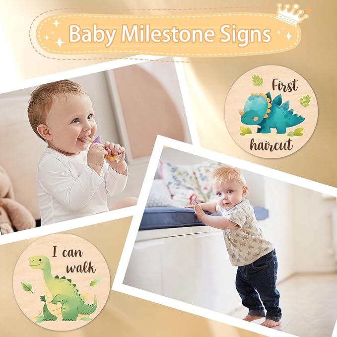 Baby Monthly Milestone Cards Sign - 13Pcs Double Sided Dinosaur Milestone Cards, Dino Pattern Wooden Circles Discs for Photo Props Newborn Announcement Marker, Baby Shower Newborn Sign Card Gift Set