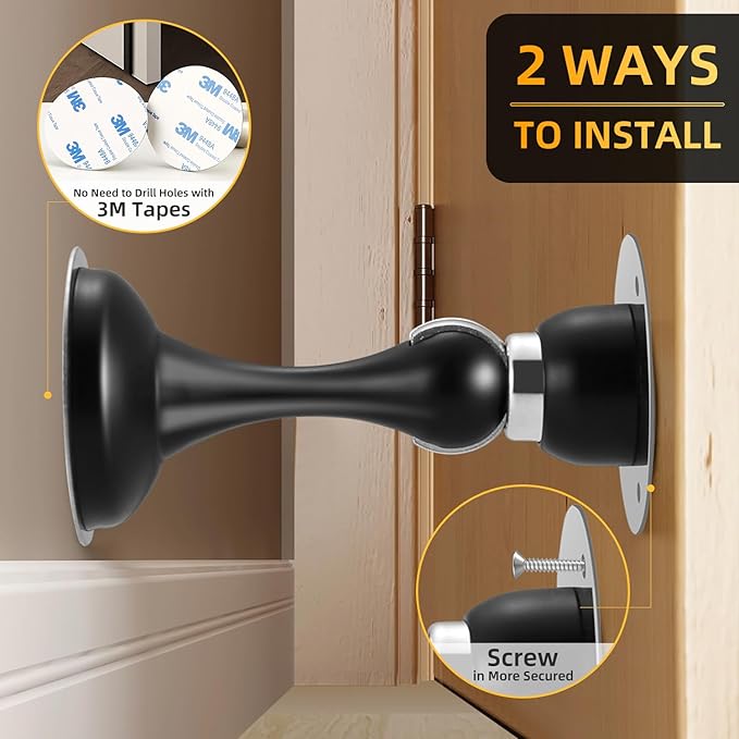 Magnetic Door Stop No Drilling Door Stop with 3D Adhesive Tapes Keep Door Open Door Stainless Steel Screws for Stronger Mount (Black)