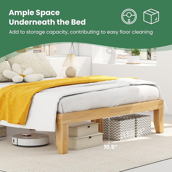 KOMFOTT 14 Inches Wood Platform Bed Frame Full Size, Wooden Mattress Foundation with Rubber Wood Frame, Strong Slats Support, No Box Spring Needed, Bed Frame (Natural)