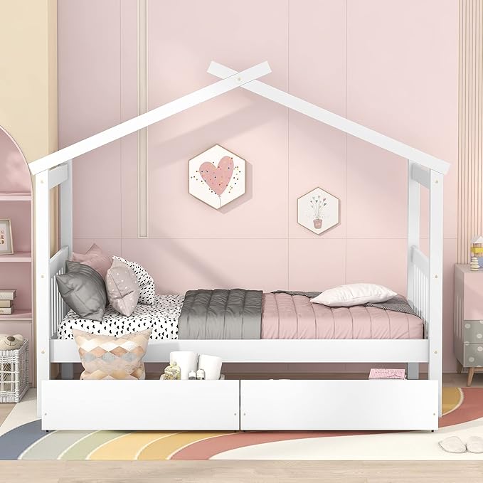 Harper & Bright Designs Twin Size House Bed for Kids, Wooden House Bed Twin with Two Drawers, Kids Twin Bed Frame with Storage,Roof Design for Girls Boys, White