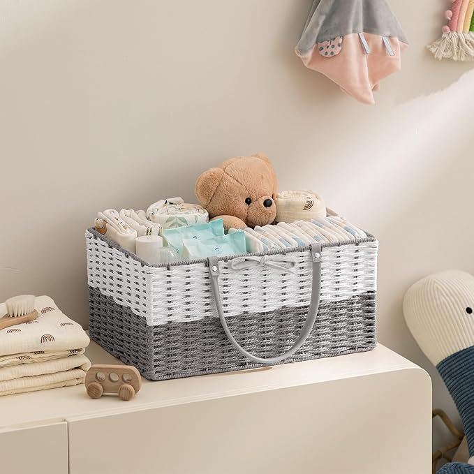 HBlife Large Diaper Caddy Organizer, Portable Paper Rope Woven Basket with Divider, Nursery Diaper Station Organizer, Baby Shower Gifts Basket & Car Organizer, Newborn Essentials