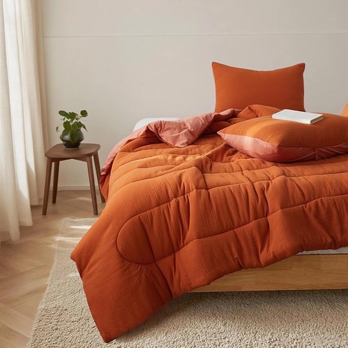 Simple&Opulence 100% Cotton Muslin Comforter Set Queen Size, 3PCS Washed Cotton Gauze Comforter, Soft Lightweight All Seasons Bedding Sets with 2 Pillow Shams(Burnt Orange,Queen)