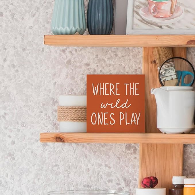 Where The Wild Ones Play Orange Wood Box Sign Desk Decor 5X5, Nursery Kids Room Wooden Block Sign Decorations for Playroom Toddler Boys Girls Room Wall Tabletop Shelf Decor