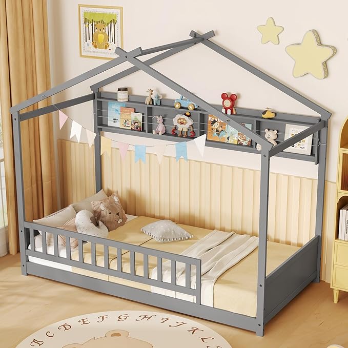 Giantex Twin Floor Bed with Storage Shelf, Wooden Bed Frames with Headboard & Guardrail, Montessori Floor Bed with Wooden Slat Support for Kids, Grey