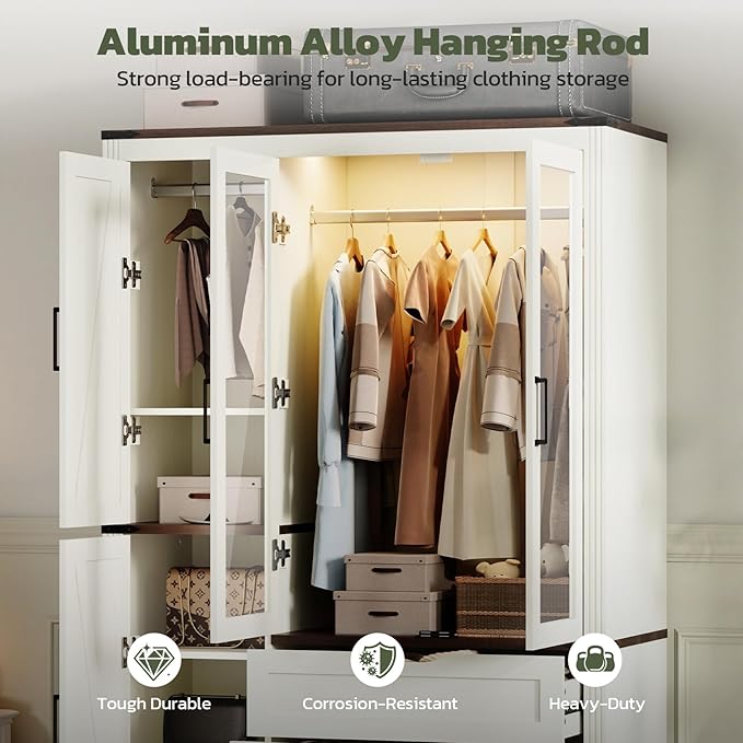 Concho 73'' Tall Farmhouse Armoire Wardrobe Closet with LED Light, Wood Wardrobe Closet Collection with 4 Doors 3 Drawers, Clothing Storage Cabinet with 4 Adjustable Shelves, Antique White