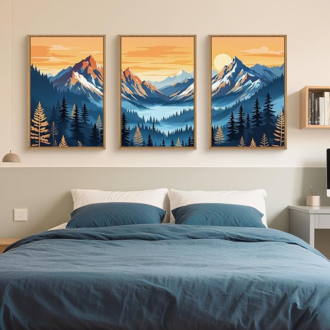 HLNIUC Boho Abstract Blue Orange Mountain Wall Art Framed, Large Pine Tree Ridge Wall Decor set of 3 (16"x24"), Sunset Forest Landscape Canvas Painting, Nature Prints for Living Room, Bedroom, Office
