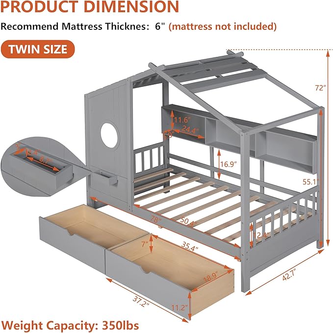 Aoowow Twin Size House Bed with Storage Shelves and Drawers, Wood Platform Kids House Bed with Window and Roof for Bedroom, Twin Playhouse Bed Frames for Boys Girls, Can be Decorated, Grey