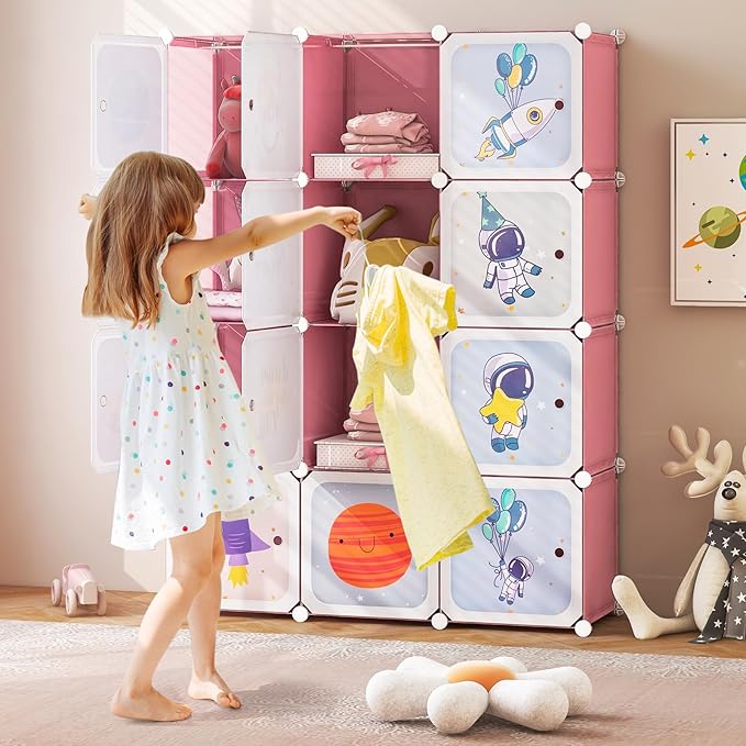 INFANS Children Wardrobe, Kid Closet Portable Baby Dresser Cute for Kids Bedroom Nursery Armoire with Doors 12 Cube 2 Hanging Sections, Kid Clothes Storage Organizer (Pink, 12 Cubes)