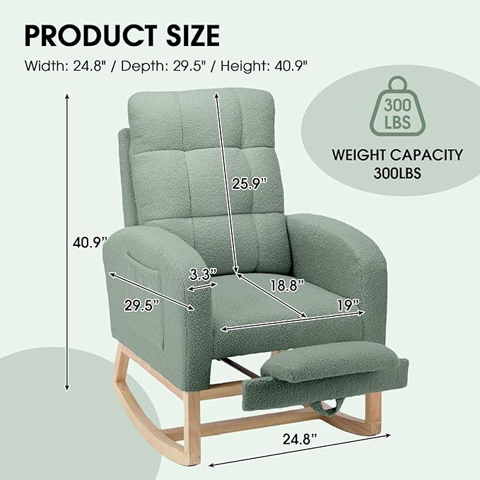 NIOIIKIT Modern Nursery Rocking Chair, Teddy Upholstered Rocking Chair with Footrest, Comfortable Rocker Chair with Side Pocket, Rocker Chair for Living Room, Bedroom, Nursing Room (Green)