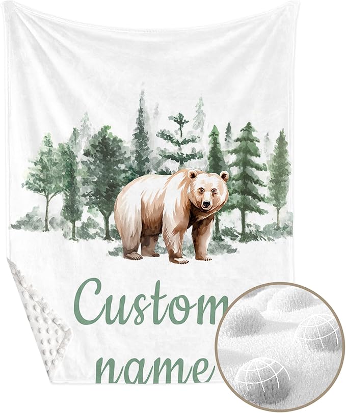 Personalized Crib Bedding Set for Boys Girls, Custom Baby Crib Sets with Name, Brown Bear Design Nursery Bedding 2 Piece - Soft Blanket with Double Layer Dotted Backing, Crib Fitted Sheet