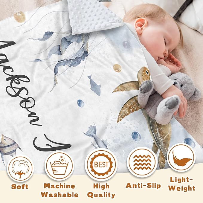 Personalized Baby Blanket with Name, Customized Baby Blanket for Kids Newborns, Soft Flannel with Double Layer Dotted Backing, Customized Gifts for Baby Shower Birthday, Sea Turtle(30”x40)