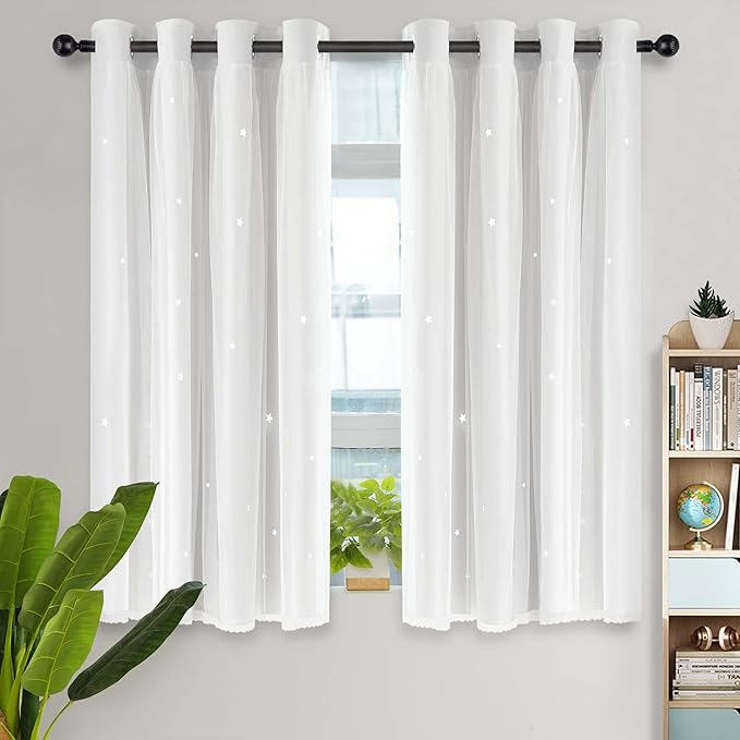 Kinryb Blackout Small Curtains for Girl Living Room/Classroom, Sheer Overlay 2 Free Tiebacks, Double Layer Curtains with Star Cutout for Kids Room(W 52 x L 45 Inches,Greyish White 2 Pcs)
