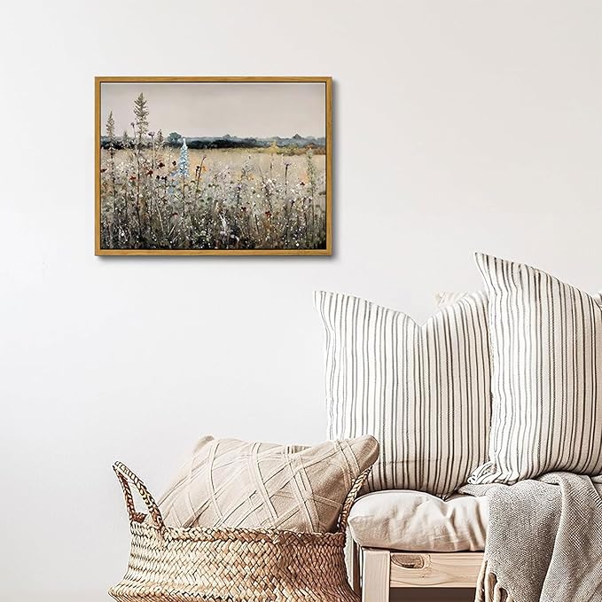 OIQArtOIQ Vintage Wildflowers Landscape Wall Art Framed Floral Natural Scenery Oil Painting Canvas Prints Country Farmhouse Decor Pictures Kitchen Bedroom Living Room Bathroom