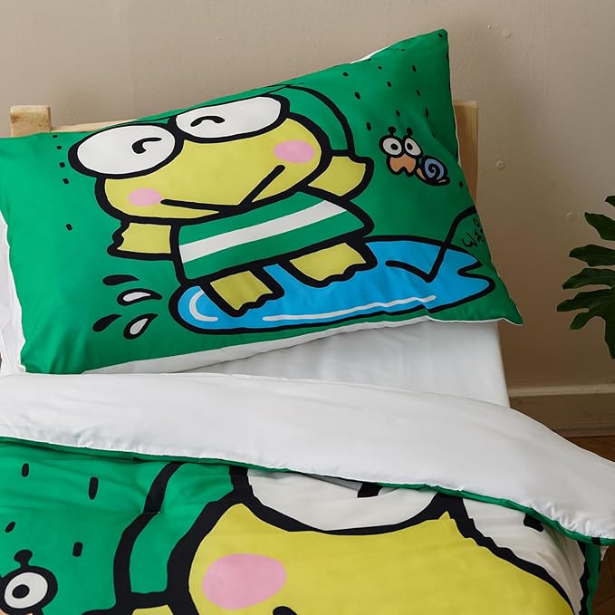 KAREVER Cartoon Toddler Bedding Set Frog Smail Print 4 Pieces Crib Bed Set Kids Reversible Green White Comforter Set