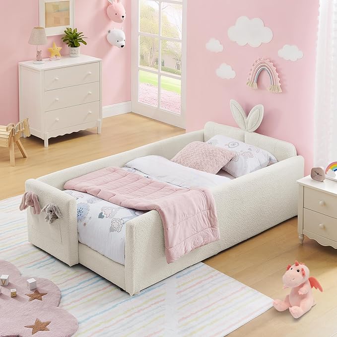 Twin Size Kids Bed with Rabbit Ear Headboard, Upholstered Boucle Fabric Twin Daybed with Slats Support & Side Pockets, Space-Saving Wooden Corner Sofa Couch Bed Frame, for Girls, Boys, Teenager(Beige)