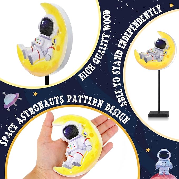 Outer Space Centerpieces for Tables Decorations, Blue White Wooden Astronaut Statues Figurines Set of 4, Space Theme Birthday Baby Shower Party Supplies Decor for Boy Nursery Room Self Desk Home