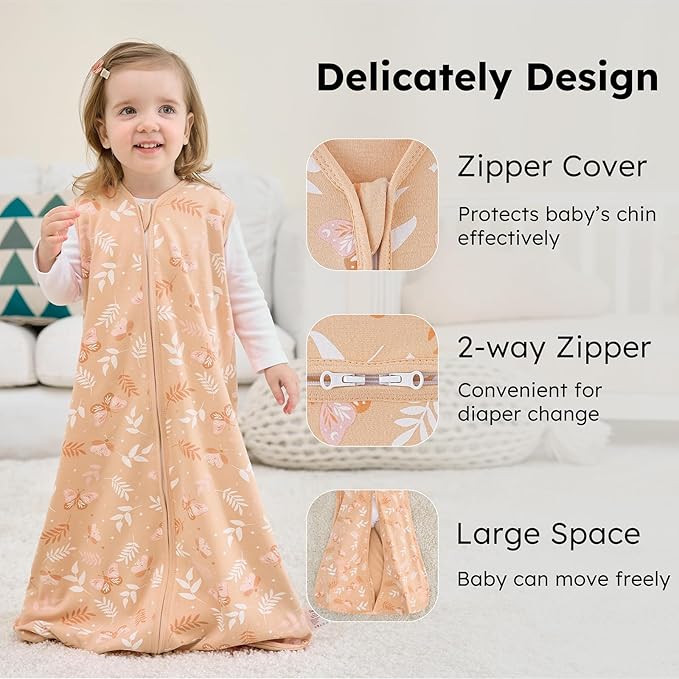 Baby Sleep Sack 12-18 months, 100% Cotton Sleeping Sack for Newborn and Infant, 3 Pack Baby Wearable Blanket for Boy and Girl, 0.5 Tog Lightweight Double Zipper Sleep Bag Pink Orange Flower