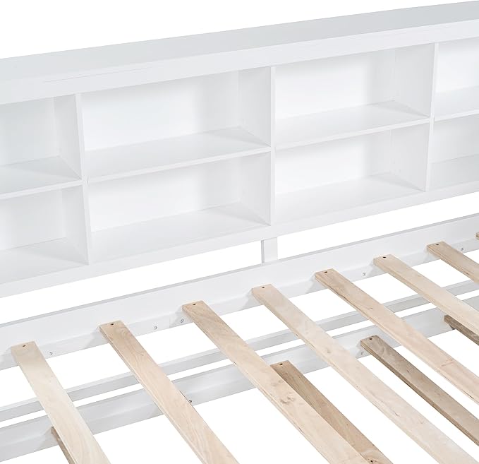 Harper & Bright Designs Twin Size Daybed with Trundle and Charging Station, Wooden Twin Storage Bed Frame with L-Shaped Bookcases, Twin Platform Bed with Shelves for Kids Girls Boys, White