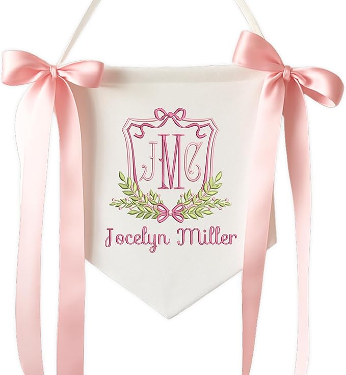 Embroidered Baby Name Sign Personalized Baby Announcement Sign Newborn Baby Banner with Bows Baby Hospital Name Sign Canvas Hanging Pennant Flag Custom Infant Baby Name Baby Shower Banner (01)