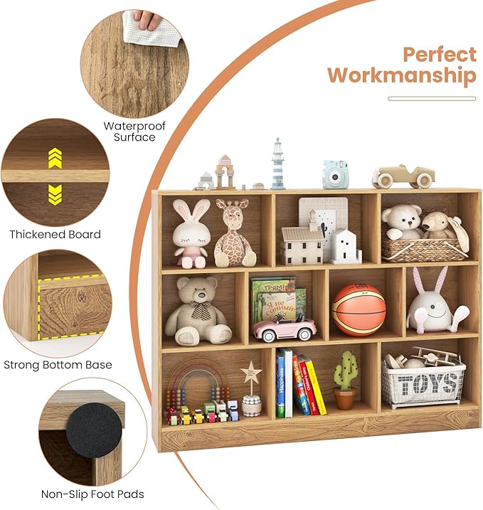 Costzon 10-Cube Bookshelf for Kids, Wooden Toy Storage Organizer w/ 2 Anti-Toppling Kits, 3 Tier Open Shelves & Non-Slip Foot Pads, Montessori Toy Shelf for Kids Rooms, Playroom, Classroom, Nursery