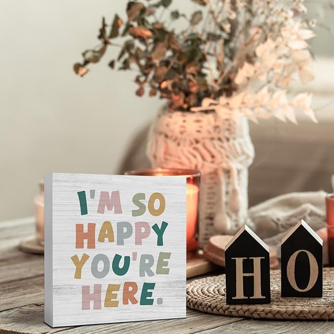Boho Classroom Wooden Box Sign, Boho Classroom Decor, I'm So Happy You're Here Wood Block Box for Kids Nursery Room Bedroom Playroom Desk Shelf Table Decor, 5x5 Inch FY-mh-663