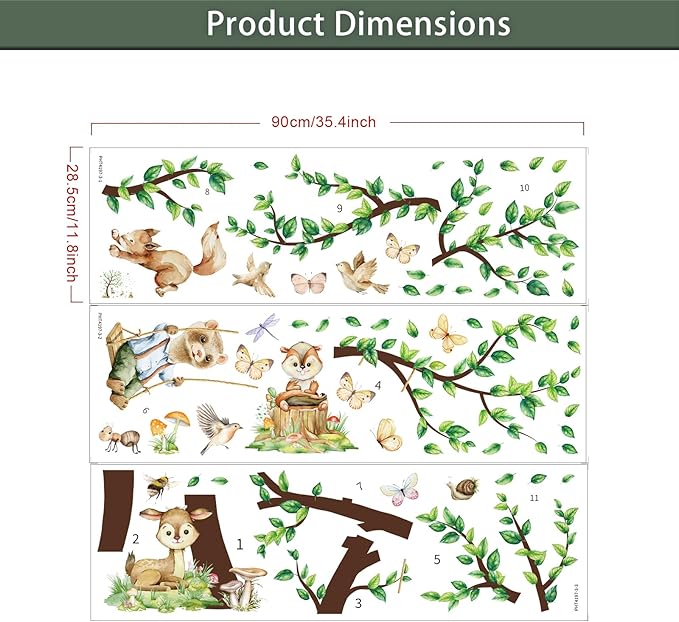 Jungle Animals Wall Decals Woodland Nursery Animals Large Tree Wall Stickers Watercolor Ferret Deer Fox Squirrel Home Decal Stickers for Baby Nursery Kids Bedroom Toddler Room Wall Decor