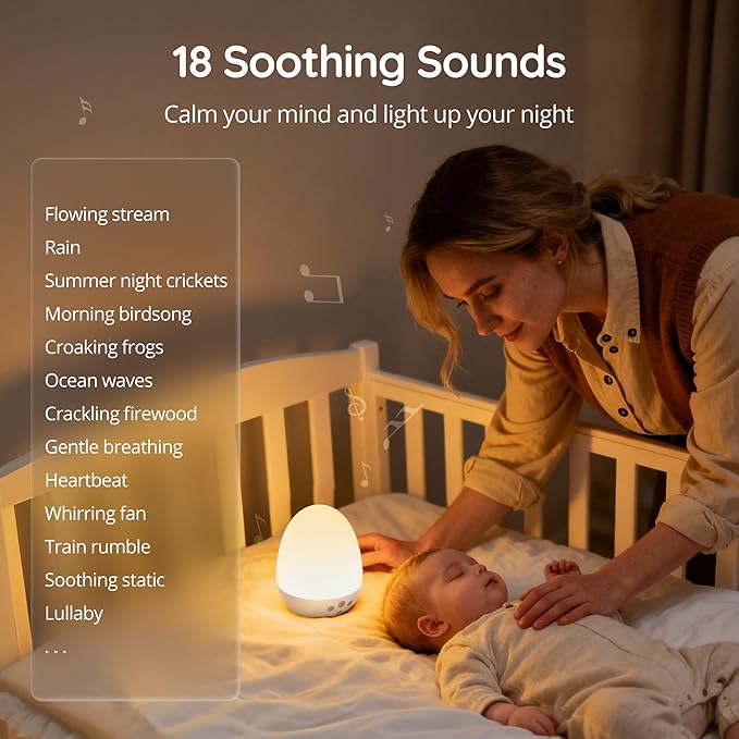 JolyWell Baby Night Light with Sound Machine, RGB Egg Light for Kids, 3 Color Temperatures, Stepless Dimming, USB-C Rechargeable, Touch Lamp for Nursery & Bedroom