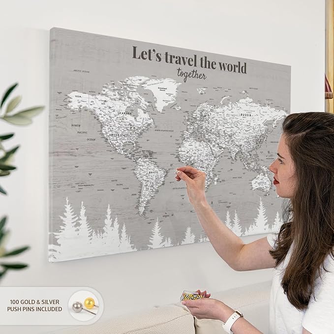 ElephantStock - Let's Travel II Push Pin World Map Wall Art - Horizontal Canvas Wall Art - Living Room Wall Decor - Digital Art Map Canvas Art - Gray And White Decor - 39" x 26"