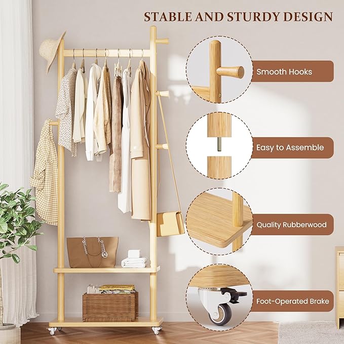Coat Rack Freestanding Clothing Rack with Wheels & 2 Shelves Storage & 5 Hooks Heavy Duty Clothes Rack Wood Coat Tree Stand Hat Hanger Rack for Corner Bedroom Entryway Living Room Hotel Size L