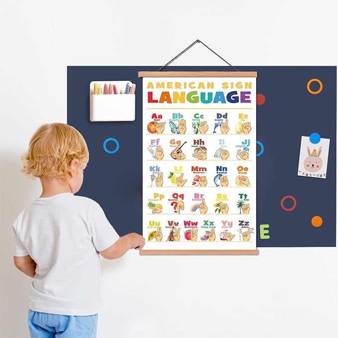 KAIRNE American Sign Language Poster With Wood Magnetic Hanger Framed(11X17.7inch),Alphabet Learning Decor With Common Words ABC Chart Wall art for Toddlers Kids Room Classroom Playroom Decor