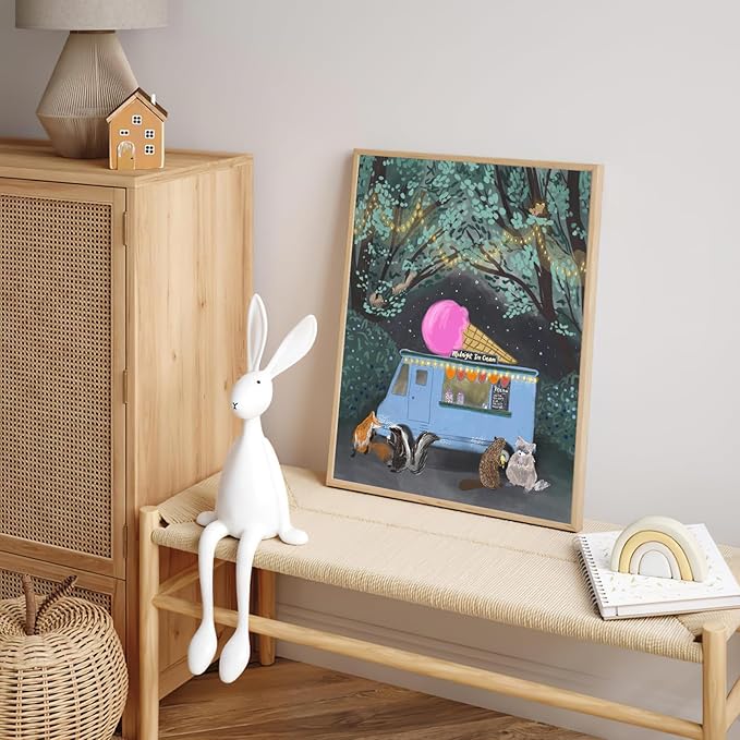 Nursery Poster Cute Animal Picture Vintage Animal Wall Art Nursery Decor Midnight Ice Cream Magical Forest Animals 12x16Inch Unframed Poster for Kids Room Boy and Girls Room Baby Room BedRoom BathRoom