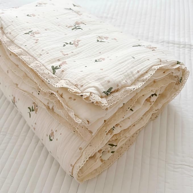 BuLuTu Cute Laurel Design Toddler Quilt Muslin Cotton Comforter Lightweight Soft Nursery Blankets Floral Beige Crib/Toddler Bed Quilted Blanket for Unisex Baby Boys Girls, 47"x59"