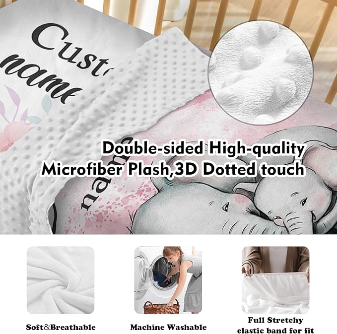 Custom Baby Crib Bedding Set - Pink Elephant Design Personalized Name Baby Nursery Bedding 3 Pcs Set - Chic Soft Blanket, Fitted Sheet, Room Rug for Newborns Boys Girls Gifts