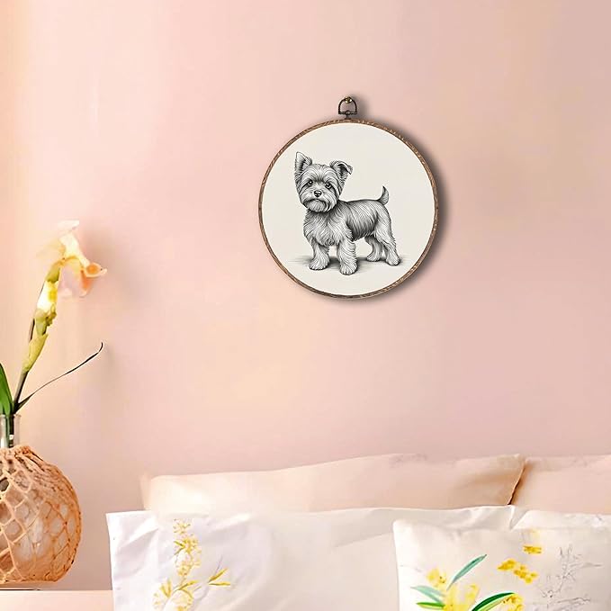 Vintage Yorkshire Round Wall Art Framed, Retro Weiner Dog Round Wall Decor, Yorkshire Weiner Dog Gifts Hanging Canvas Print Wall Sculpture for Bedroom Living Room Decor, 10x10 Inch