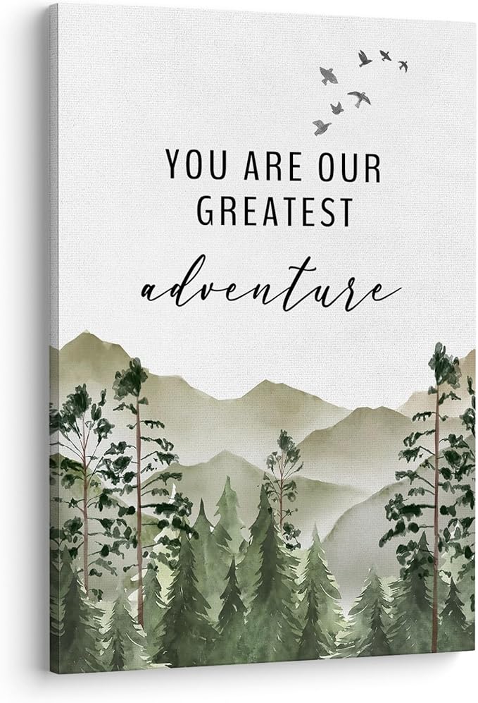 XWELLDAN You are Our Greatest Adventure Woodland Nursery Inspirational Wall Art Canvas Prints,Watercolor Forest Mountain Adventure Wall Art Decor for Kids Baby Bedroom Nursery, 16 x 24 Inch, Framed