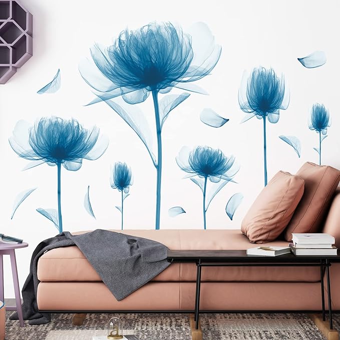 6 PCS Blue Lotus Blossom Floral Wall Stickers Romantic Painting Art Decor Flowers Bud Wall Decals Vinyl Removable Peel and Stick for Living Room Nursery Room Bedroom Office Bathroom Wall Decoration