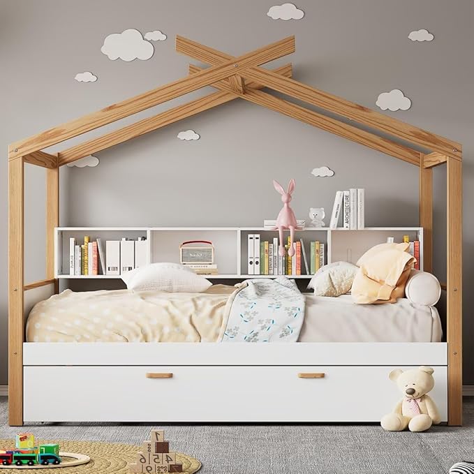 Full Size Wooden House Bed with Twin Size Trundle and Bookshelf Storage Space, Original Wood Colored Frame with Roof and Slats Support for Kids Teens Girls Boys Bedroom (White+Trundle, Full)