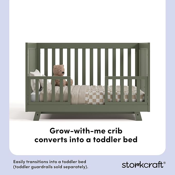 Storkcraft Beckett 3-in-1 Convertible Crib (Olive) – GREENGUARD Gold Certified, Fits Standard Crib Mattress, Converts to Toddler Bed and Daybed, 4 Adjustable Mattress Heights, Grow-with-Me Design
