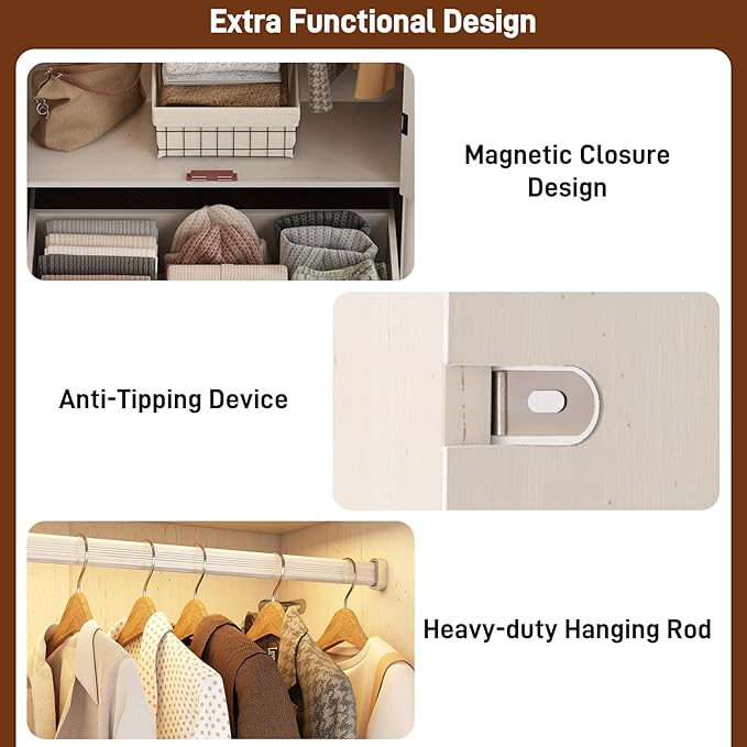2 Doors Arched Armoire Wardrobe Closet w/Drawers,LED Light,Wooden Closet Wardrobe Cabinet with Hanging Rod for Bedroom,Modern Armoire Storage Cabinet w/Shelf,Antique White