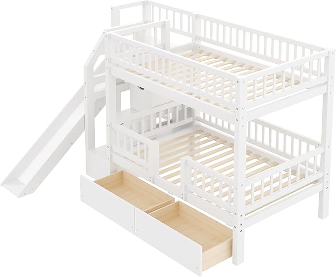 Twin Over Twin Bunk Bed with Storage Staircase, Solid Wood Bunk Bed Frame with Slide and 2 Drawers for Kids Teens Adult Bedroom, No Box Spring Needed (White/63r)
