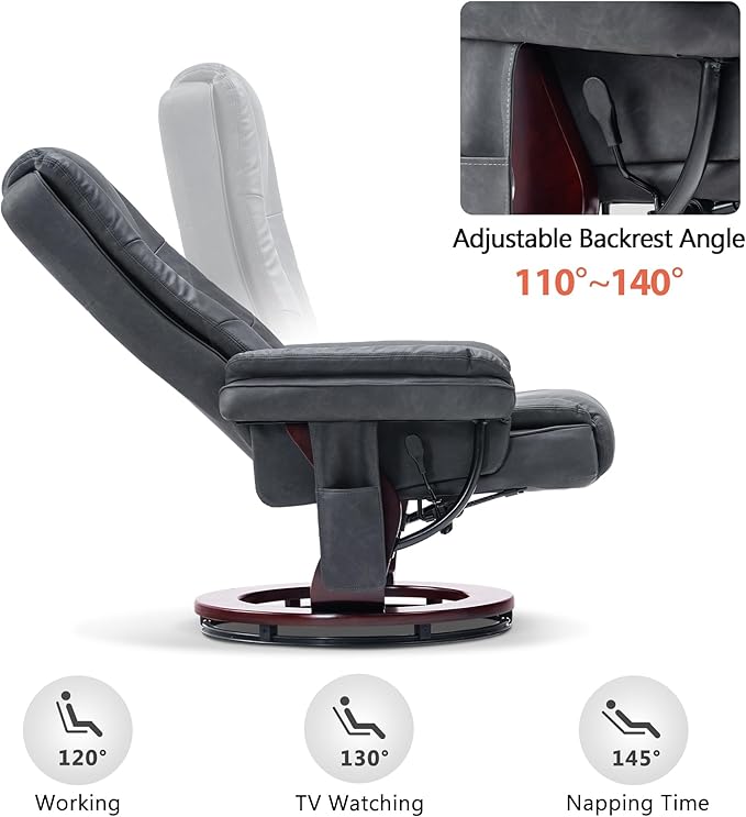 MCombo Swivel Recliner with Ottoman Chair, TV Chair Sets with Vibration Massage, for Small Space Living Room Bedroom 9096 9099 (Faux Leather, Dark Grey)