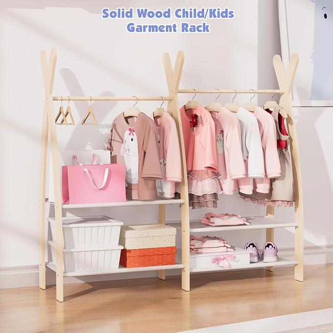 Kids Clothing Rack Dress Up Storage Closet for Girls Baby Garment Wardrobe Toddler Costume Closet with Double Hanging Rod Wood 2 Tier Bottom Storage Shelves Organizer