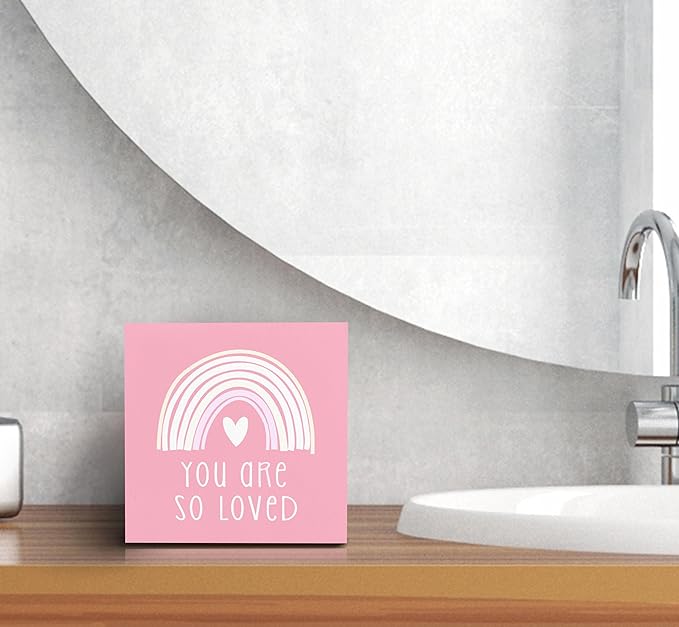 SRADMO You Are So Loved Rainbow Heart Wood Box Sign Desk Decor, Pink Kids Inspirational Quotes Wooden Block Box Sign Decoration for Kids Room Nursery Playroom Shelf Table Decorative Accessories