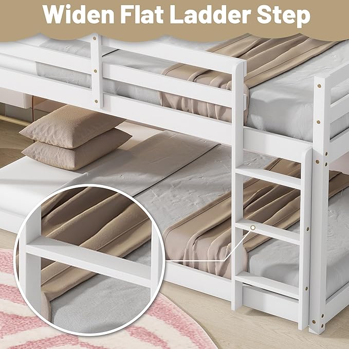 Bunk Bed Twin Over Twin, Wood Low Profile Floor Twin Bunk Beds with Ladder Guardrails for Kids Boys and Girls, No Box Spring Needed