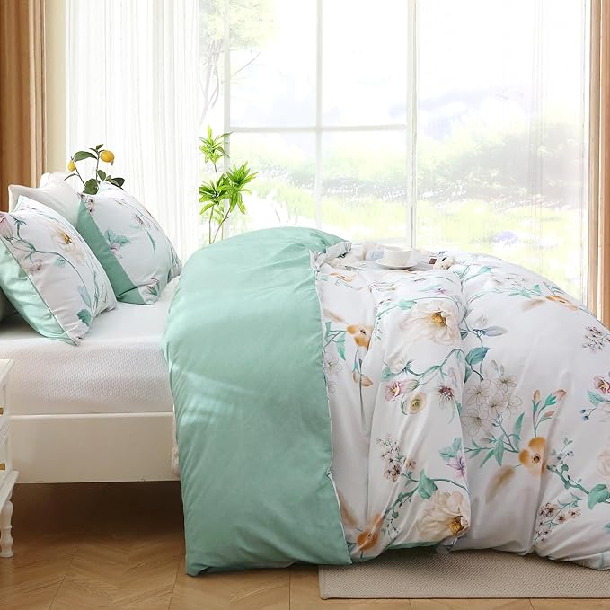 MUXHOMO Duvet Cover Queen Size, Reversible Floral Vintage Duvet Cover Set with Zipper Closure, 3 Pieces Botanical Patterns Soft Microfiber Bedding Set (90"x90", 2 Pillow Cases, Colorful Green Branch)